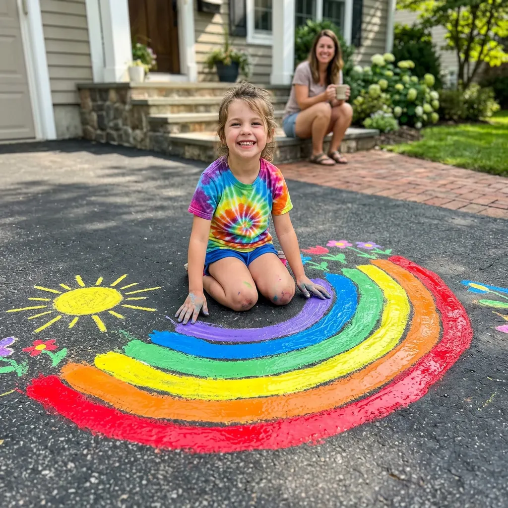 Child painting a vibrant rainbow on a sunny driveway with the chalk paint brush