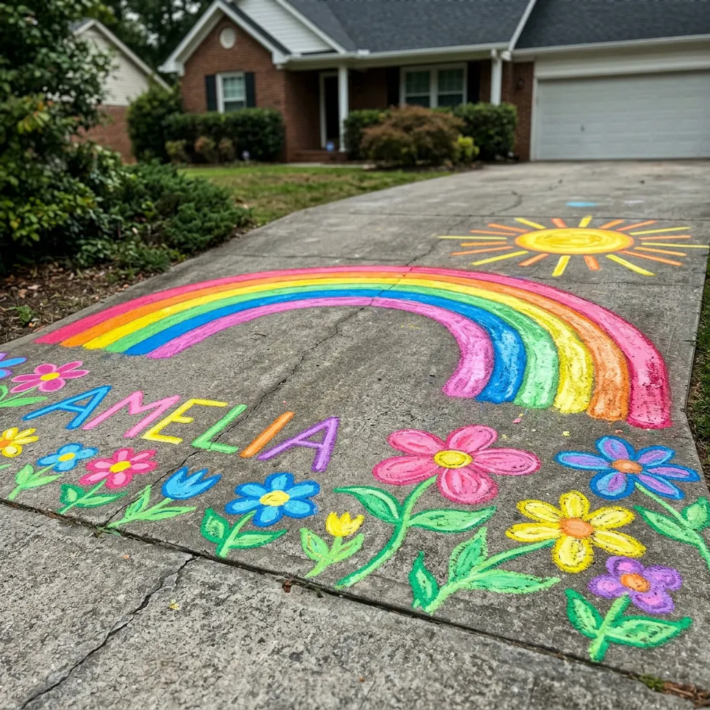 Vibrant chalk paint rainbow covering the driveway before rinsing