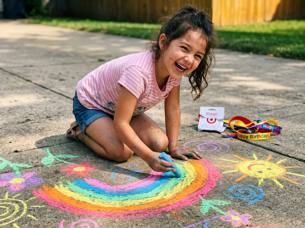Child delighted with the chalk paint brush set at a sunny birthday gathering