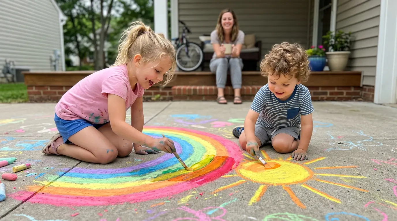 Kids joyfully painting a vibrant rainbow across a sunny driveway